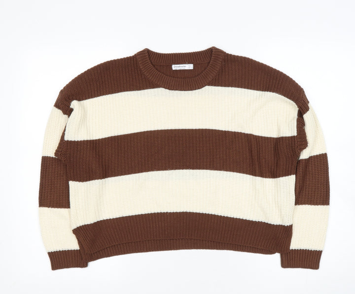 Stradivarius Womens Beige Round Neck Striped Acrylic Pullover Jumper Size S
