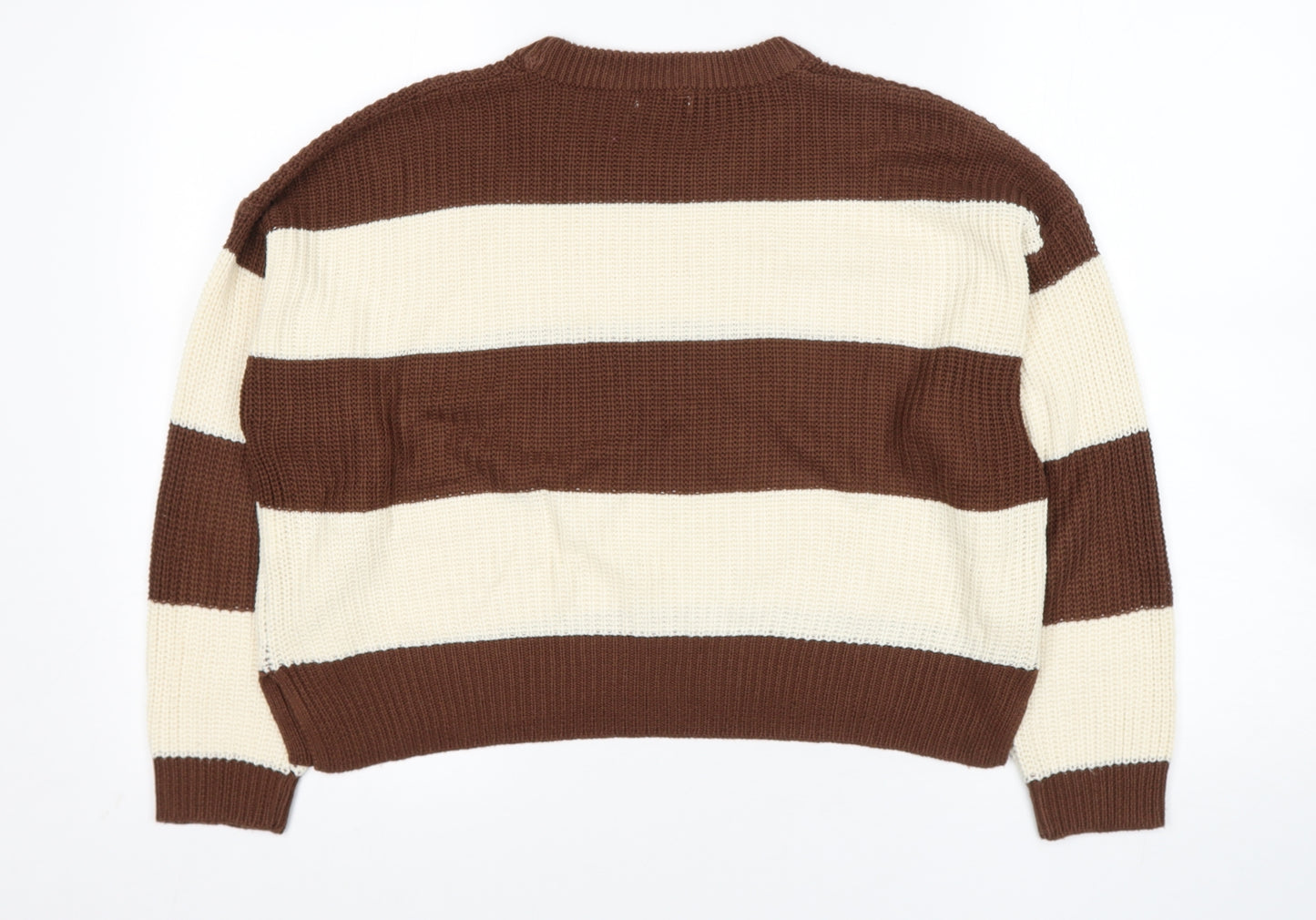 Stradivarius Womens Beige Round Neck Striped Acrylic Pullover Jumper Size S