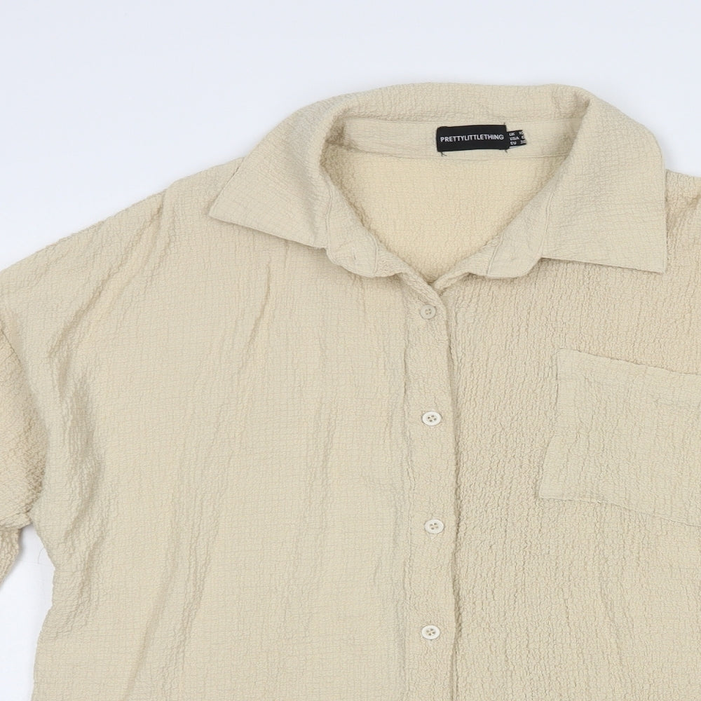 PRETTYLITTLETHING Womens Beige  Polyester Basic Button-Up Size 10 Collared