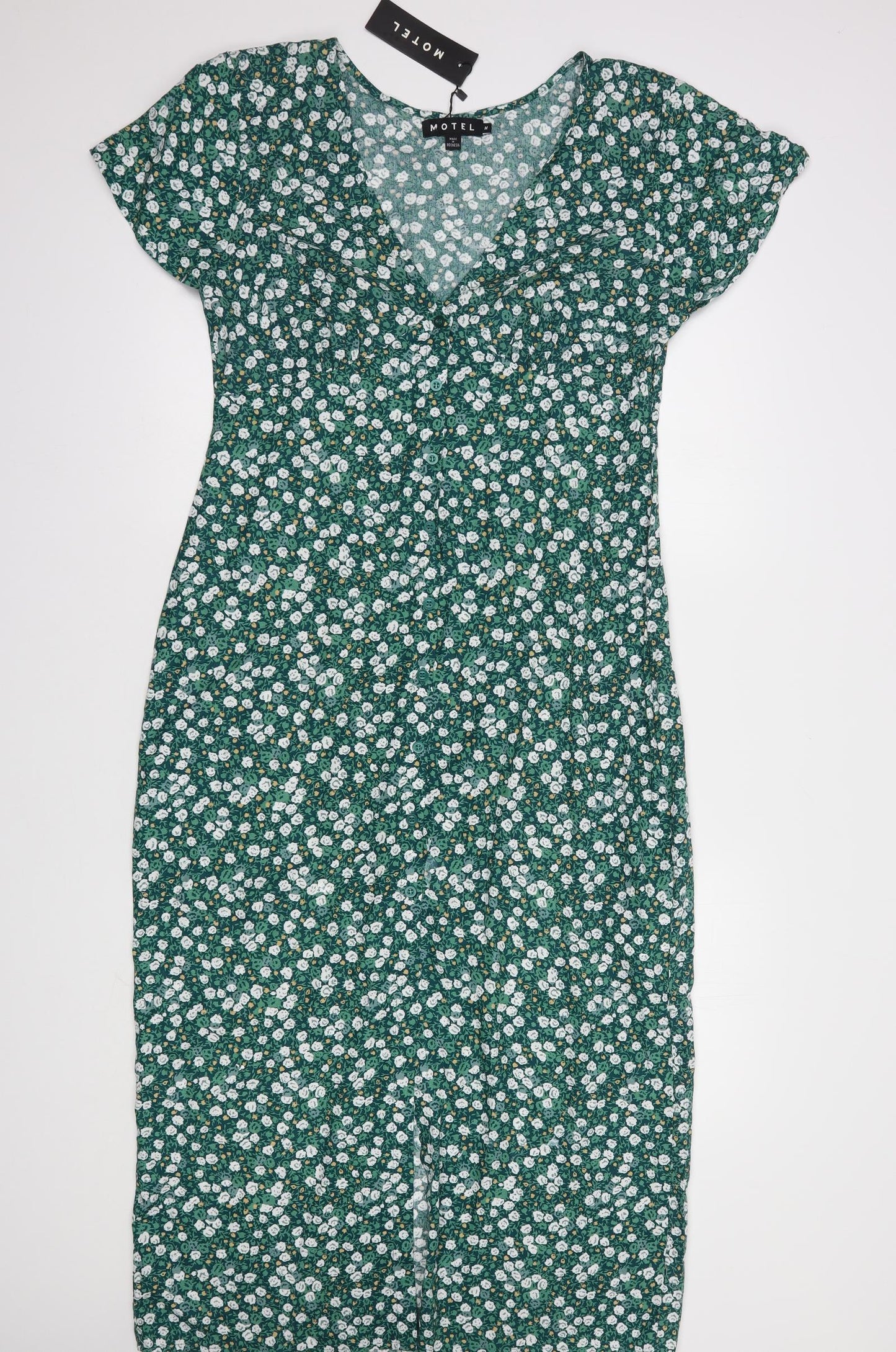 Motel Womens Green Floral Viscose Maxi  Size M  V-Neck Button
