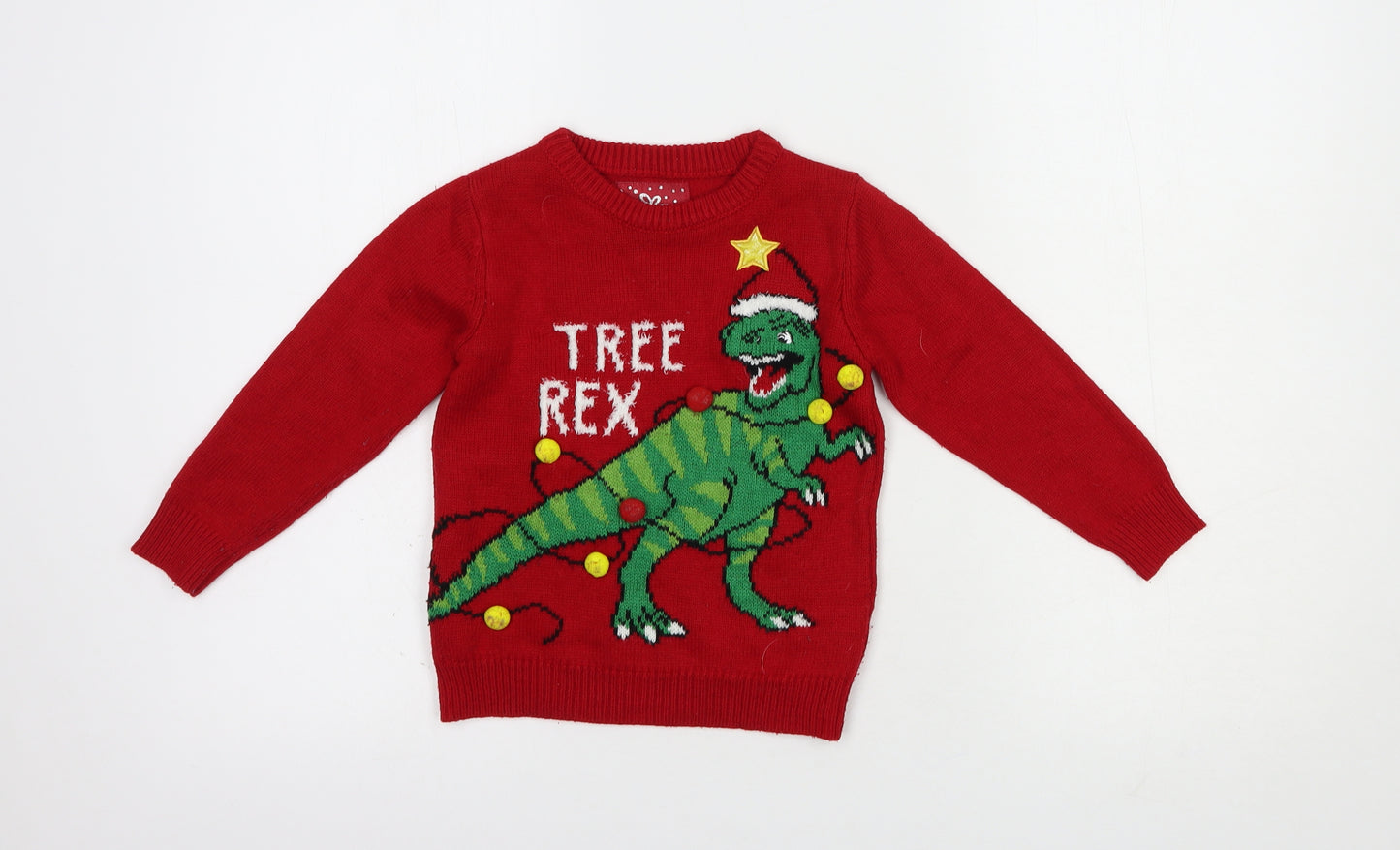 Primark Boys Red Crew Neck  Acrylic Pullover Jumper Size 3-4 Years  Pullover - Dino Christmas