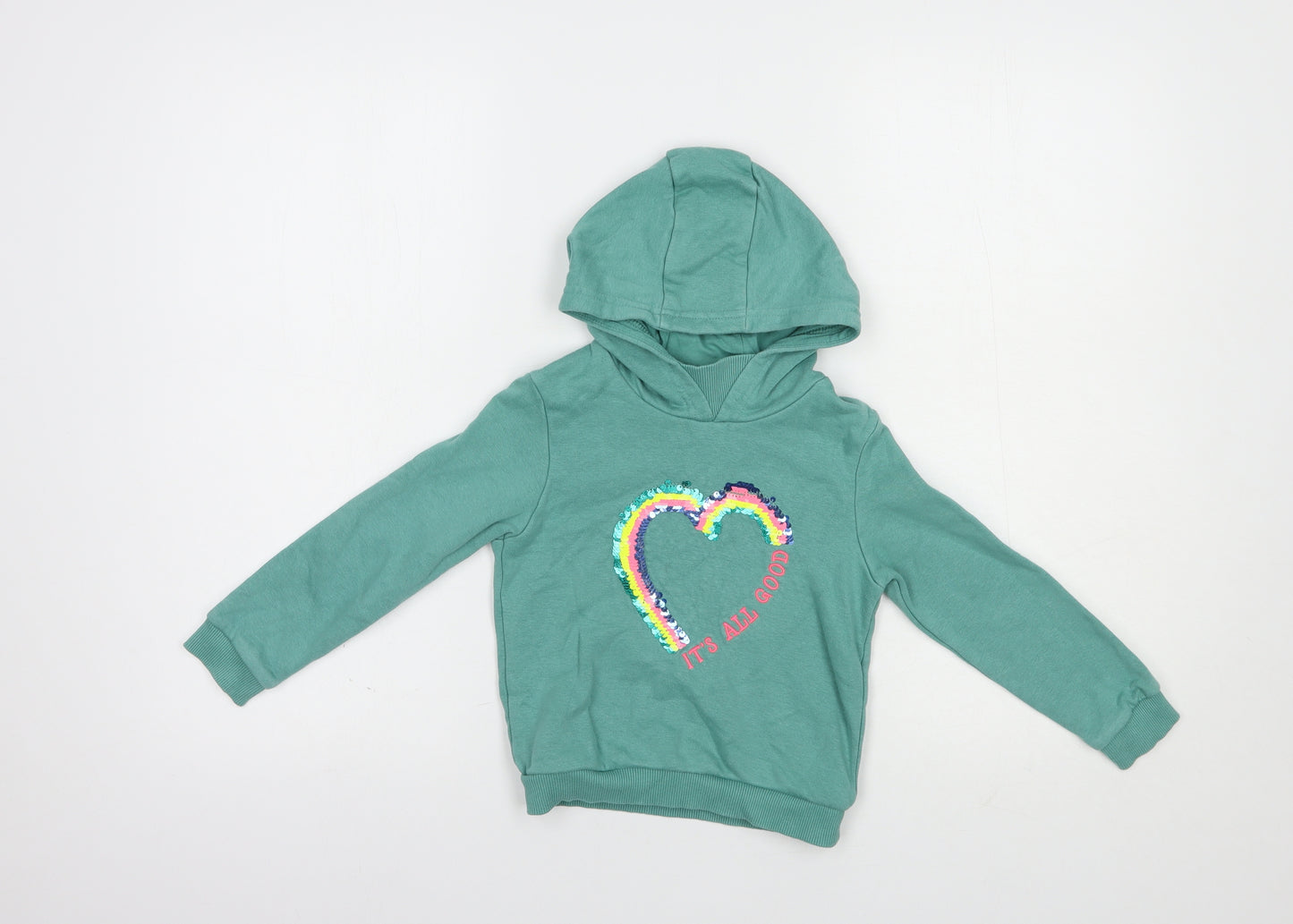 Marks and Spencer Girls Green  Cotton Pullover Hoodie Size 3-4 Years  Pullover - Heart