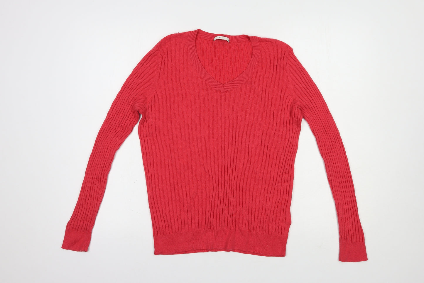 TU Womens Red V-Neck  Cotton Pullover Jumper Size 14