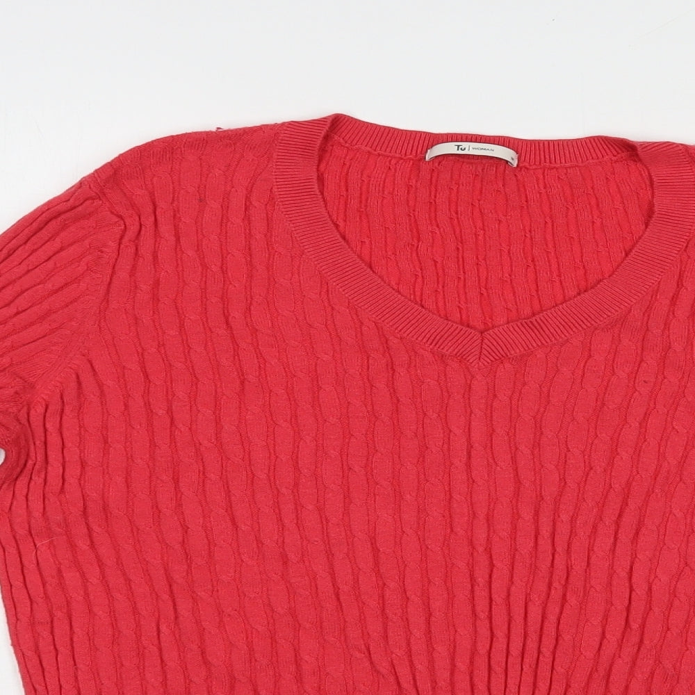 TU Womens Red V-Neck  Cotton Pullover Jumper Size 14