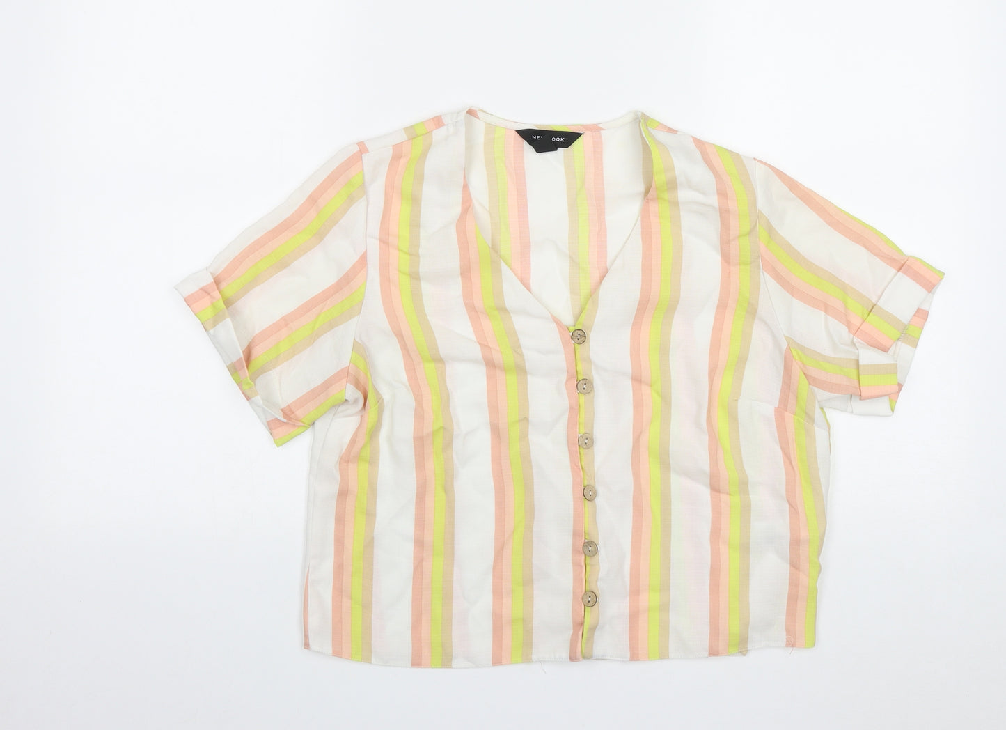 New Look Womens Multicoloured Striped Polyester Basic Button-Up Size 12 V-Neck