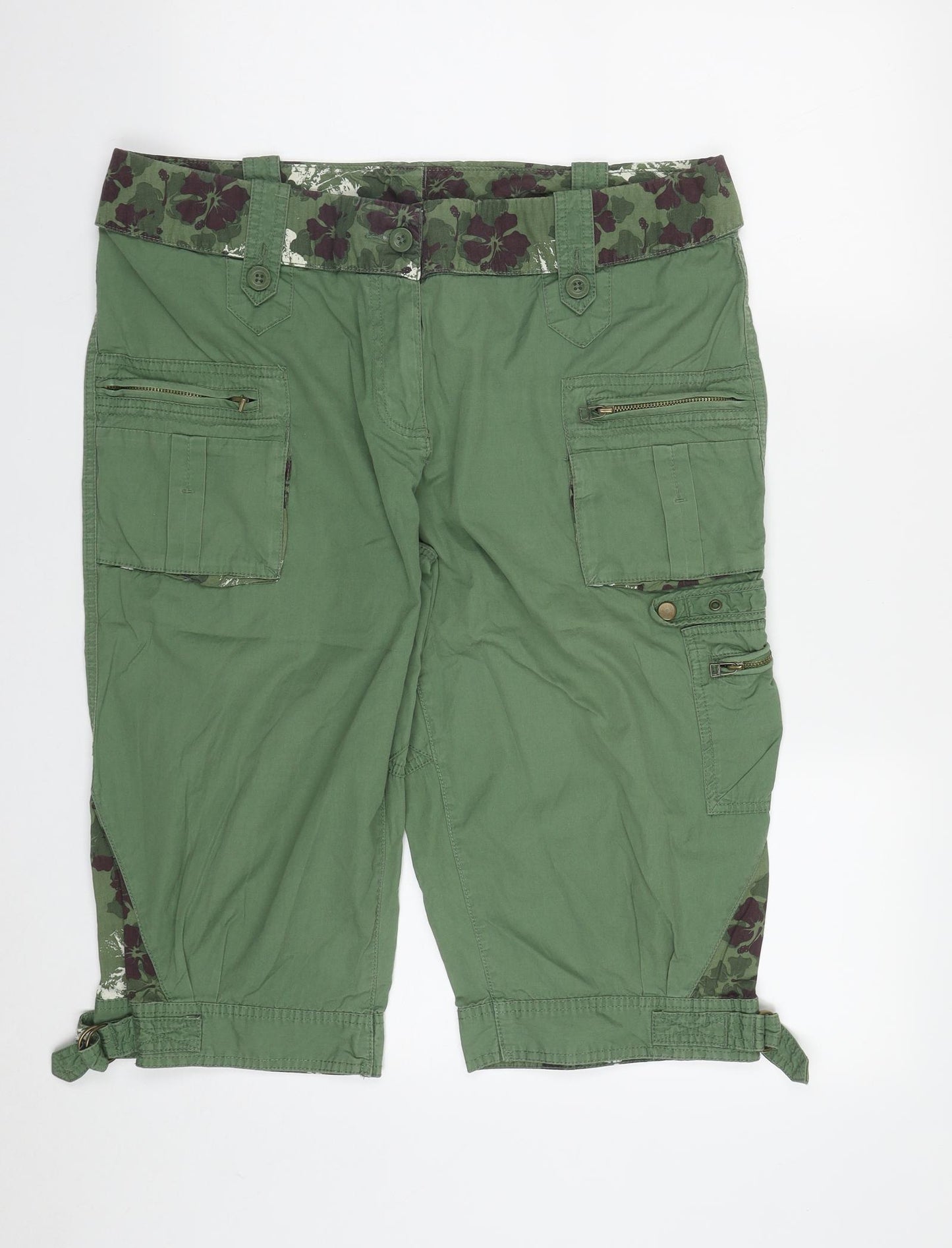 NEXT Womens Green Geometric Cotton Cargo Shorts Size 16 L16 in Regular Zip