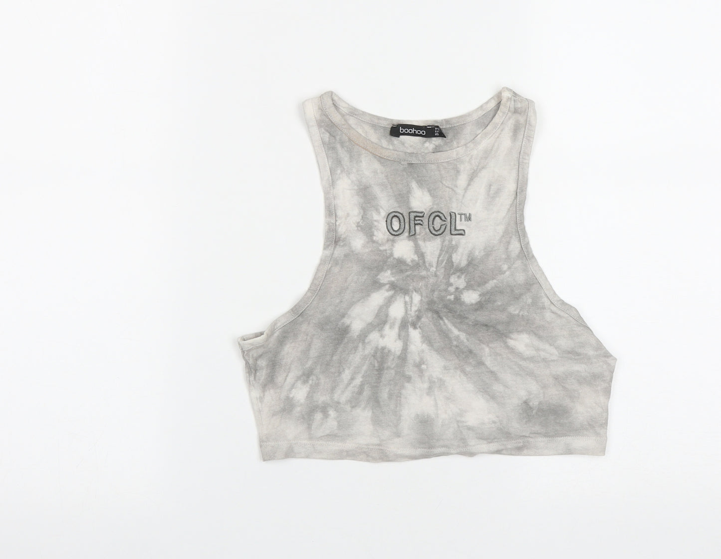 Boohoo Womens Grey  Polyester Cropped T-Shirt Size 8 Round Neck - Tie Die Effect