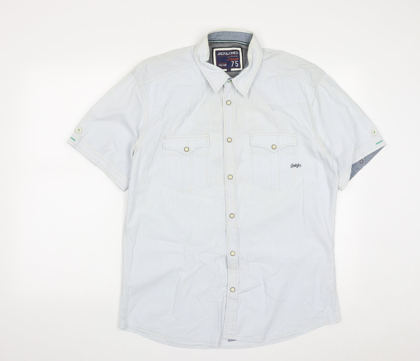 JACK & JONES Mens Blue Striped Cotton  Button-Up Size L Collared Button