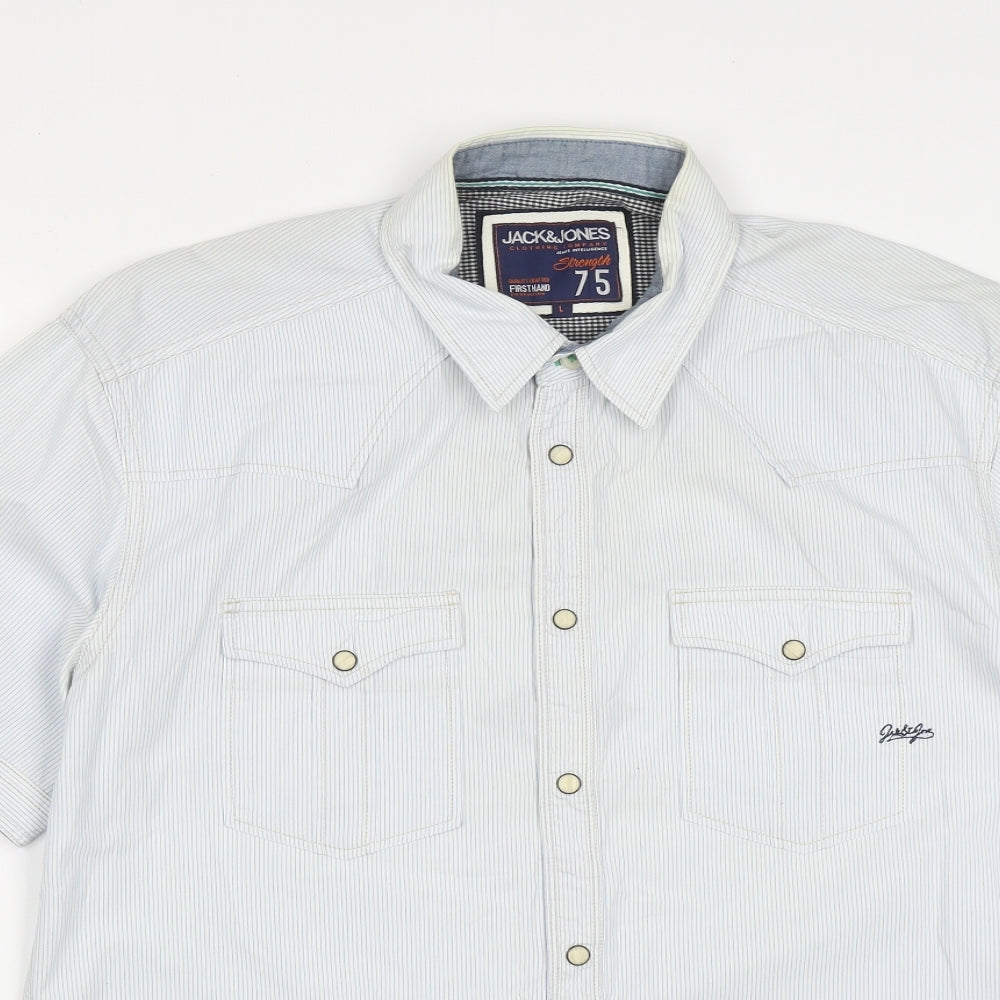 JACK & JONES Mens Blue Striped Cotton  Button-Up Size L Collared Button