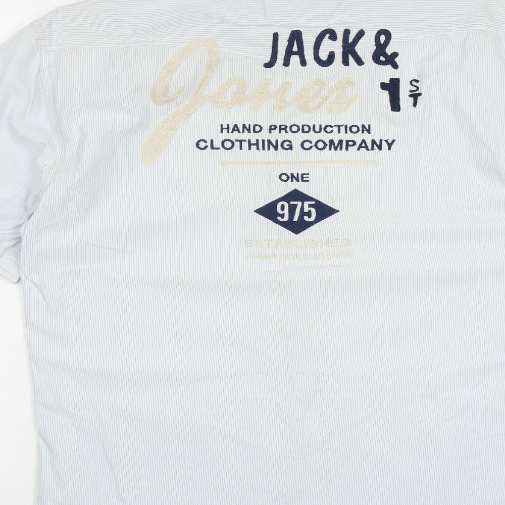 JACK & JONES Mens Blue Striped Cotton  Button-Up Size L Collared Button