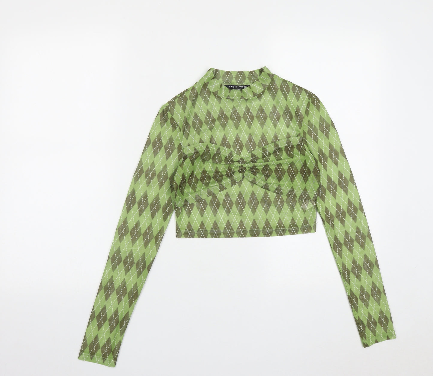 SheIn Womens Green Plaid Polyester Cropped Blouse Size S Round Neck