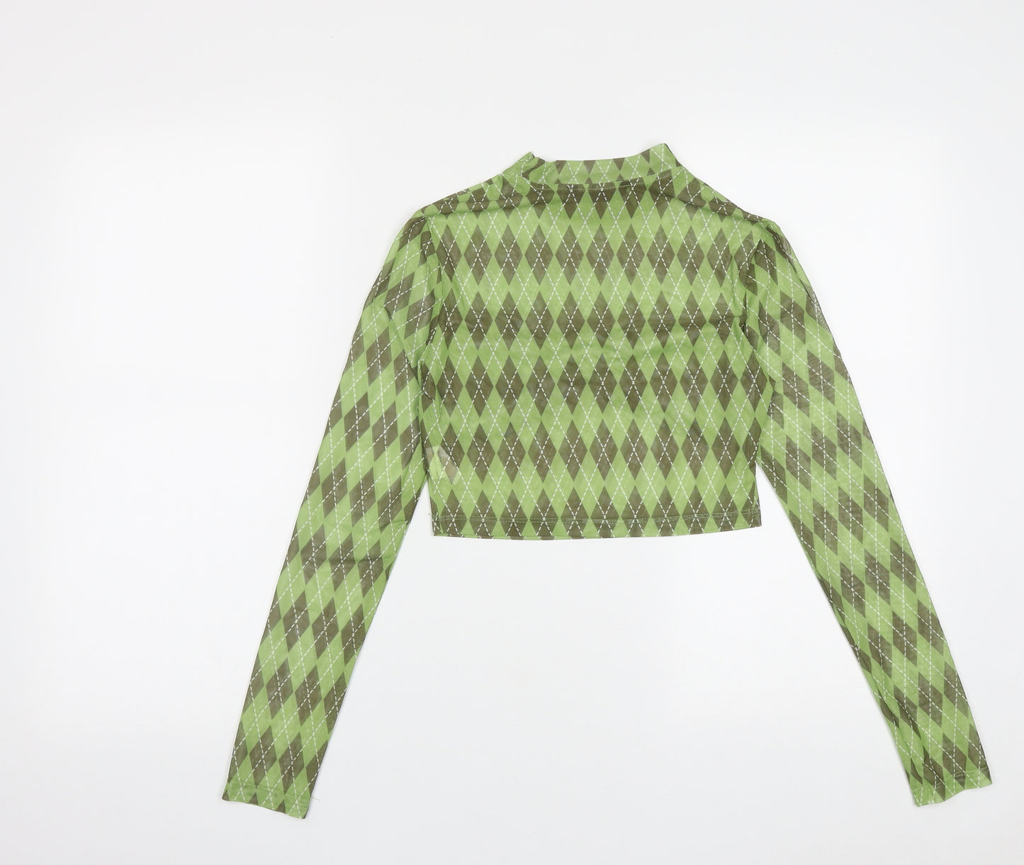 SheIn Womens Green Plaid Polyester Cropped Blouse Size S Round Neck