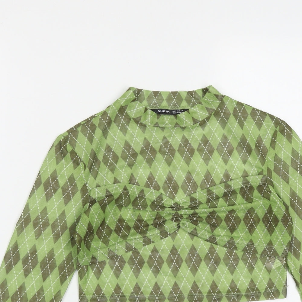 SheIn Womens Green Plaid Polyester Cropped Blouse Size S Round Neck