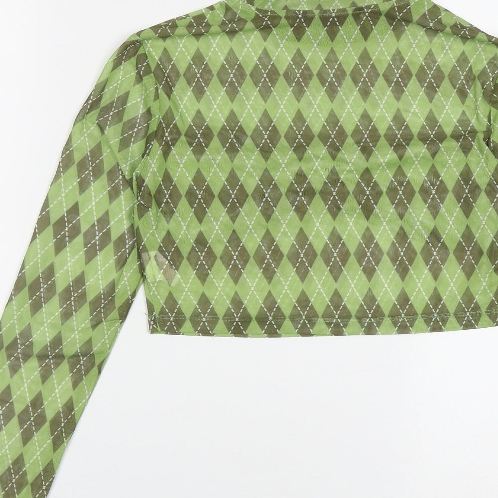 SheIn Womens Green Plaid Polyester Cropped Blouse Size S Round Neck