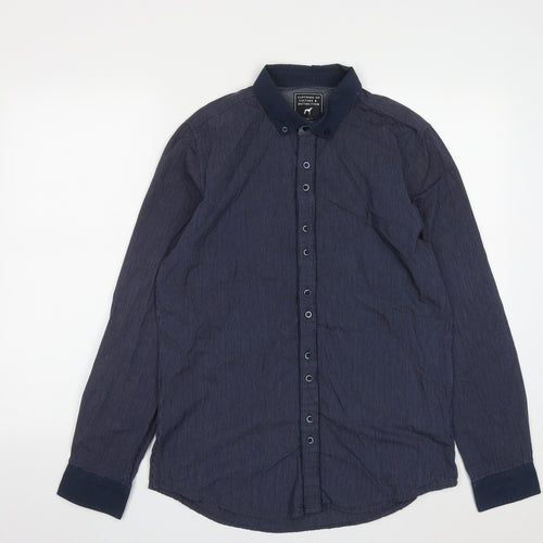 New Look Mens Blue Striped Cotton  Button-Up Size M Collared Button