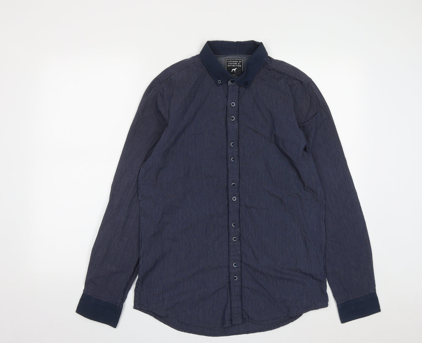 New Look Mens Blue Striped Cotton  Button-Up Size M Collared Button