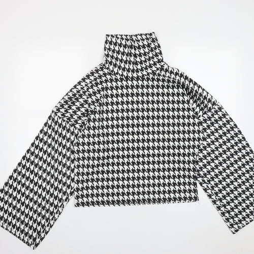PRETTYLITTLETHING Womens Multicoloured Houndstooth Polyester Basic Blouse Size M High Neck