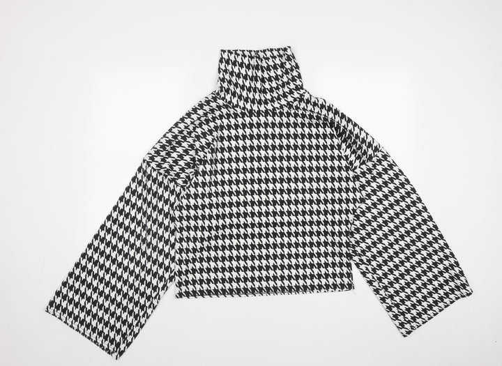 PRETTYLITTLETHING Womens Multicoloured Houndstooth Polyester Basic Blouse Size M High Neck