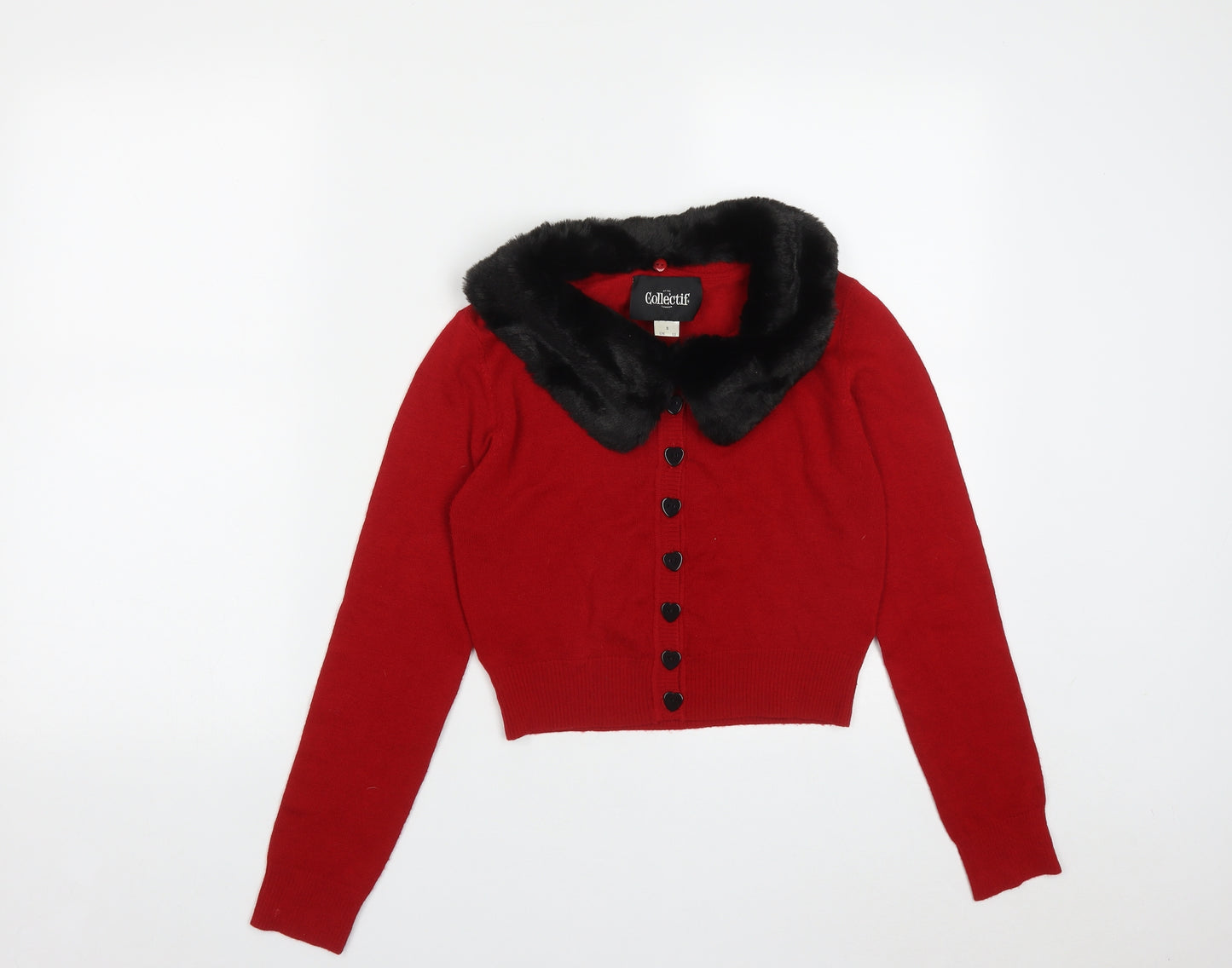 Collectif Womens Red Round Neck  Acrylic Cardigan Jumper Size S   - Detachable fur collar