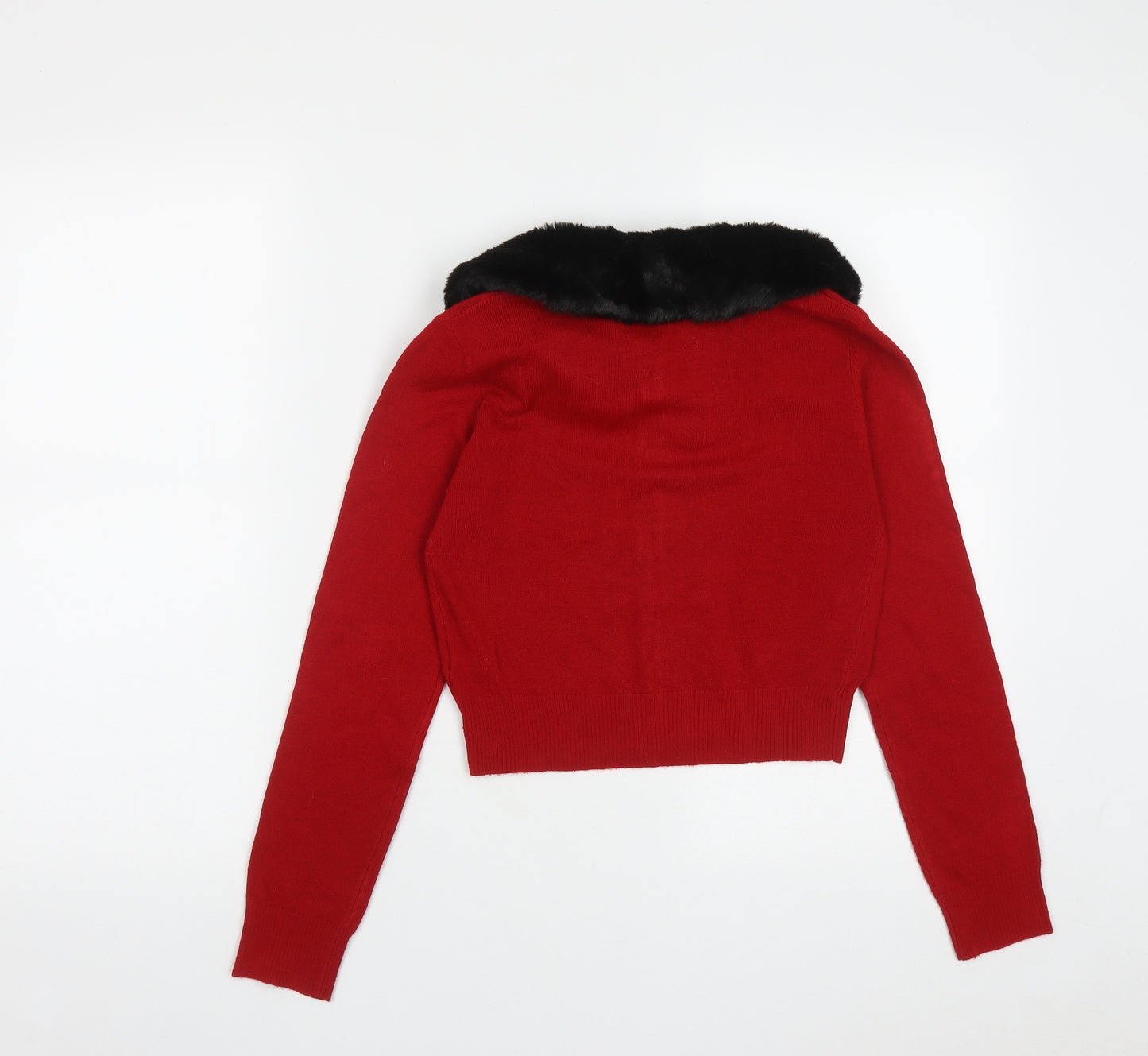 Collectif Womens Red Round Neck  Acrylic Cardigan Jumper Size S   - Detachable fur collar