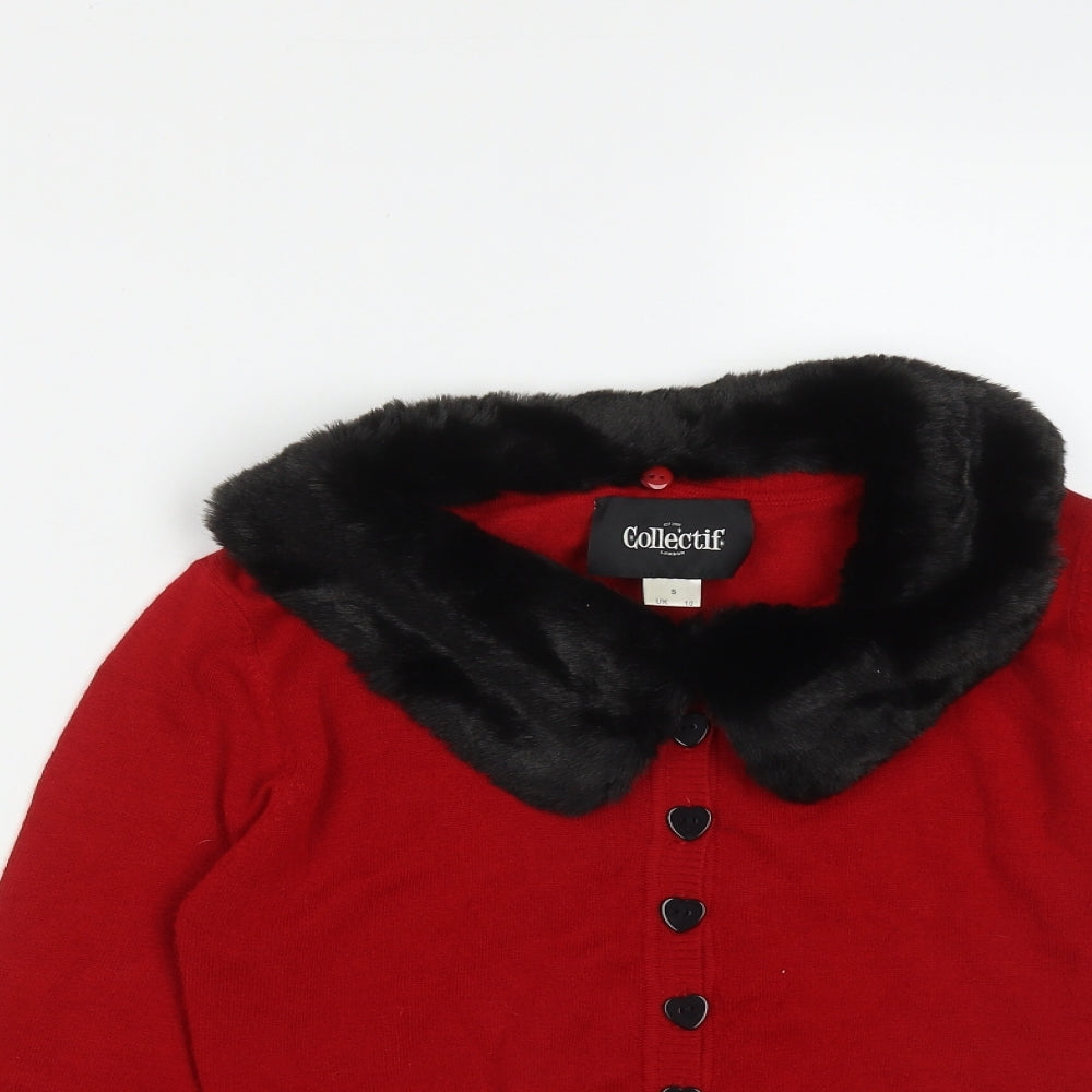 Collectif Womens Red Round Neck  Acrylic Cardigan Jumper Size S   - Detachable fur collar