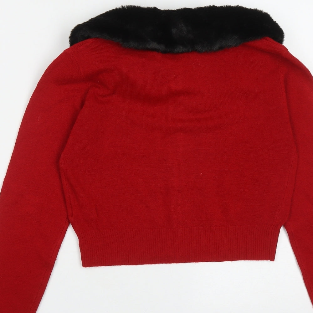 Collectif Womens Red Round Neck  Acrylic Cardigan Jumper Size S   - Detachable fur collar