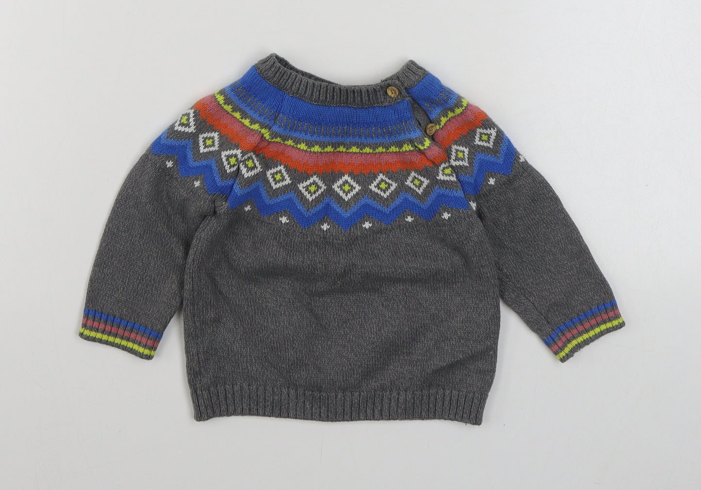 F&F Boys Grey Fair Isle 100% Cotton Pullover Jumper Size 6-9 Months  Button