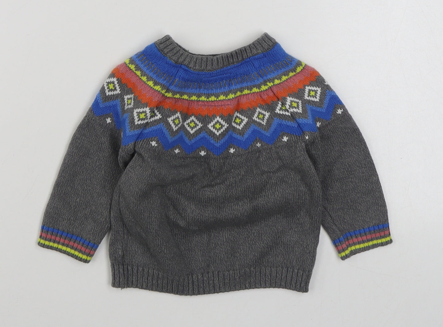 F&F Boys Grey Fair Isle 100% Cotton Pullover Jumper Size 6-9 Months  Button