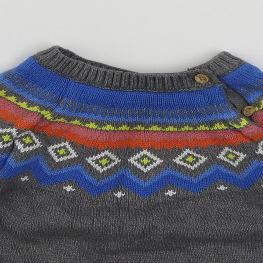 F&F Boys Grey Fair Isle 100% Cotton Pullover Jumper Size 6-9 Months  Button