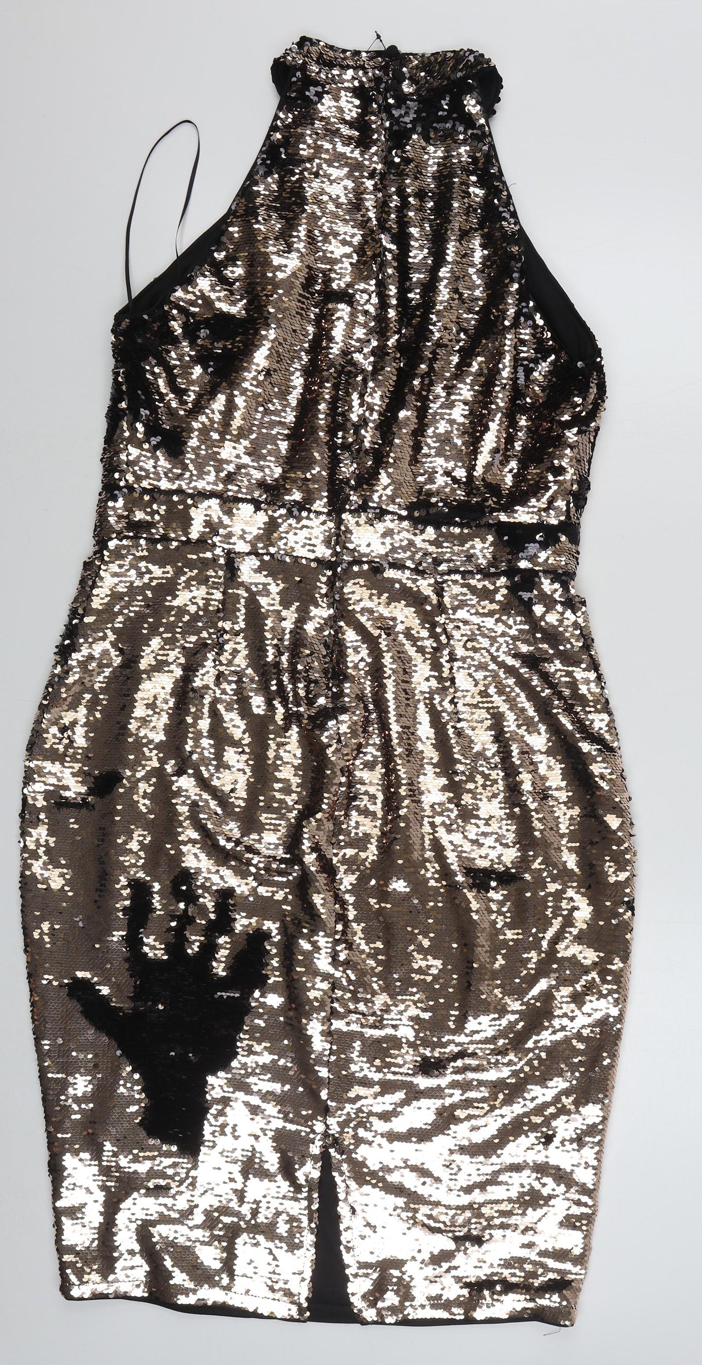 Lipsy Womens Gold  Polyester Pencil Dress  Size 16  High Neck Zip