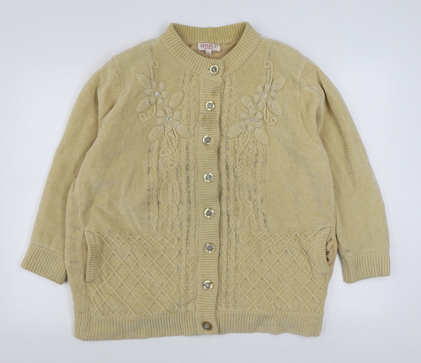 Reflect Womens Beige Round Neck  Acrylic Cardigan Jumper Size M