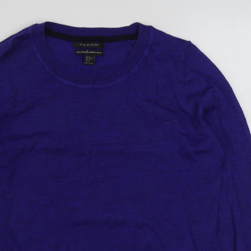 Tahari Womens Blue Scoop Neck  Wool Pullover Jumper Size XL