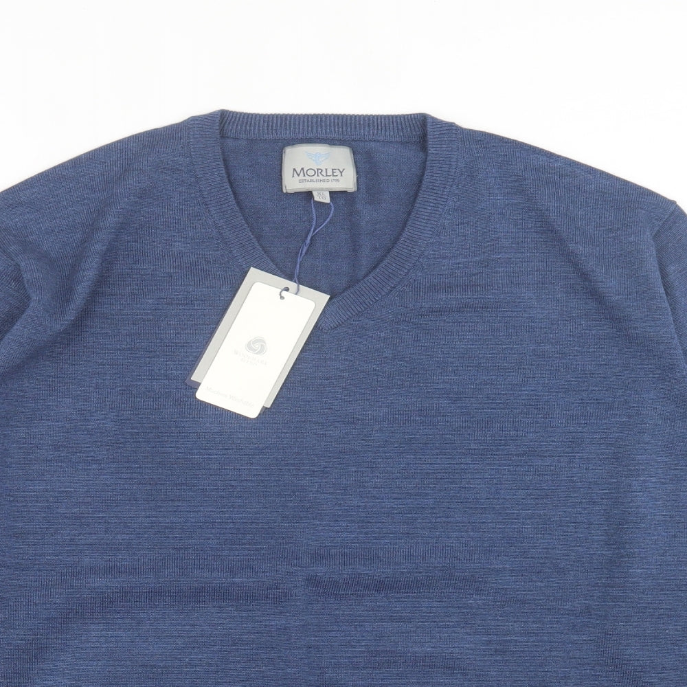 Morley Mens Blue V-Neck  Wool Pullover Jumper Size XL