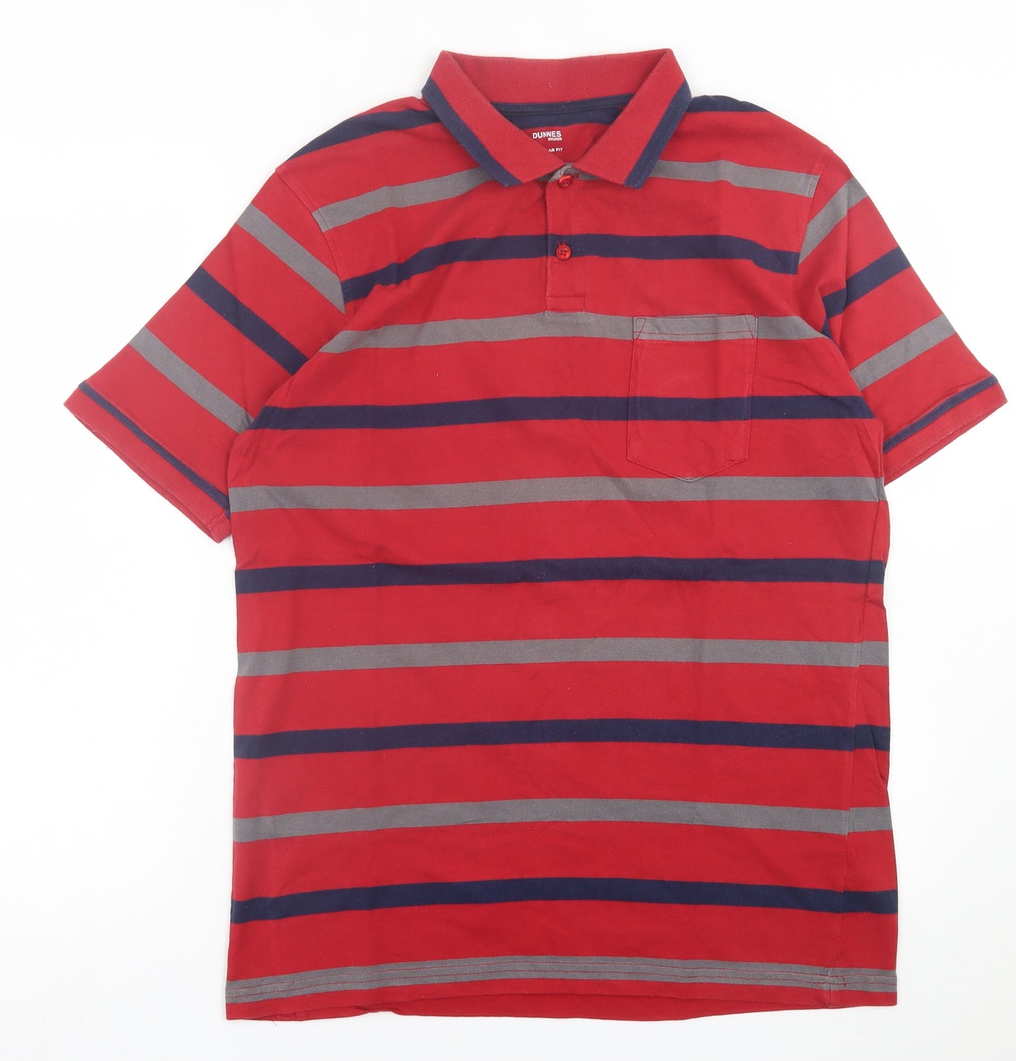 Dunnes Stores Mens Red Striped Cotton  Polo Size L Collared Button