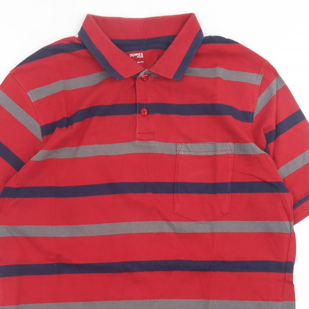 Dunnes Stores Mens Red Striped Cotton  Polo Size L Collared Button
