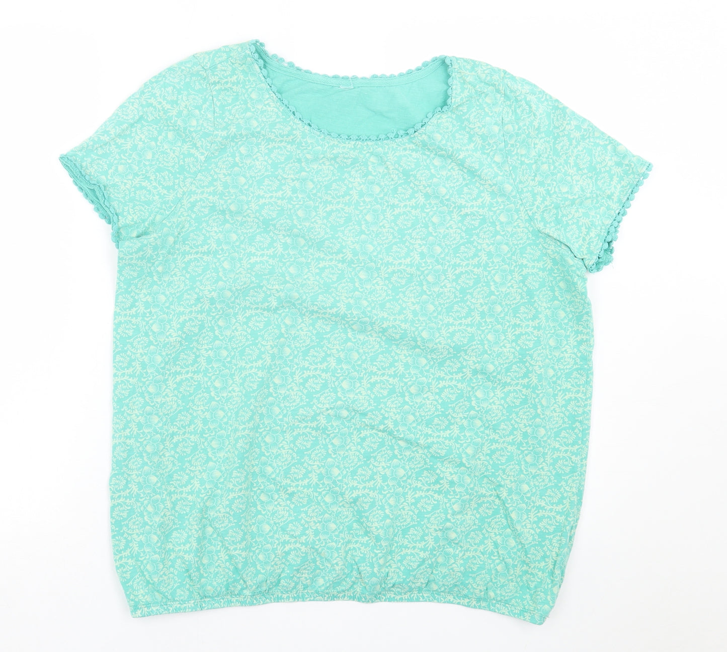 Sheego Womens Green Geometric Cotton Basic T-Shirt Size 18 Scoop Neck
