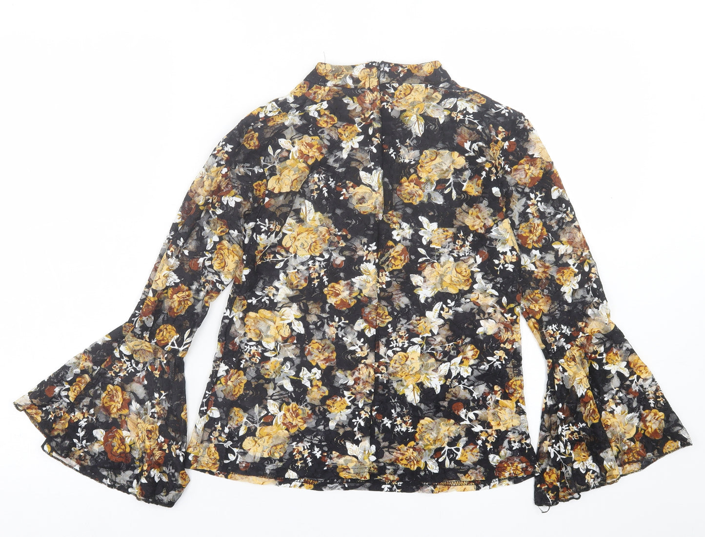miami Womens Yellow Floral Polyester Basic T-Shirt Size S High Neck