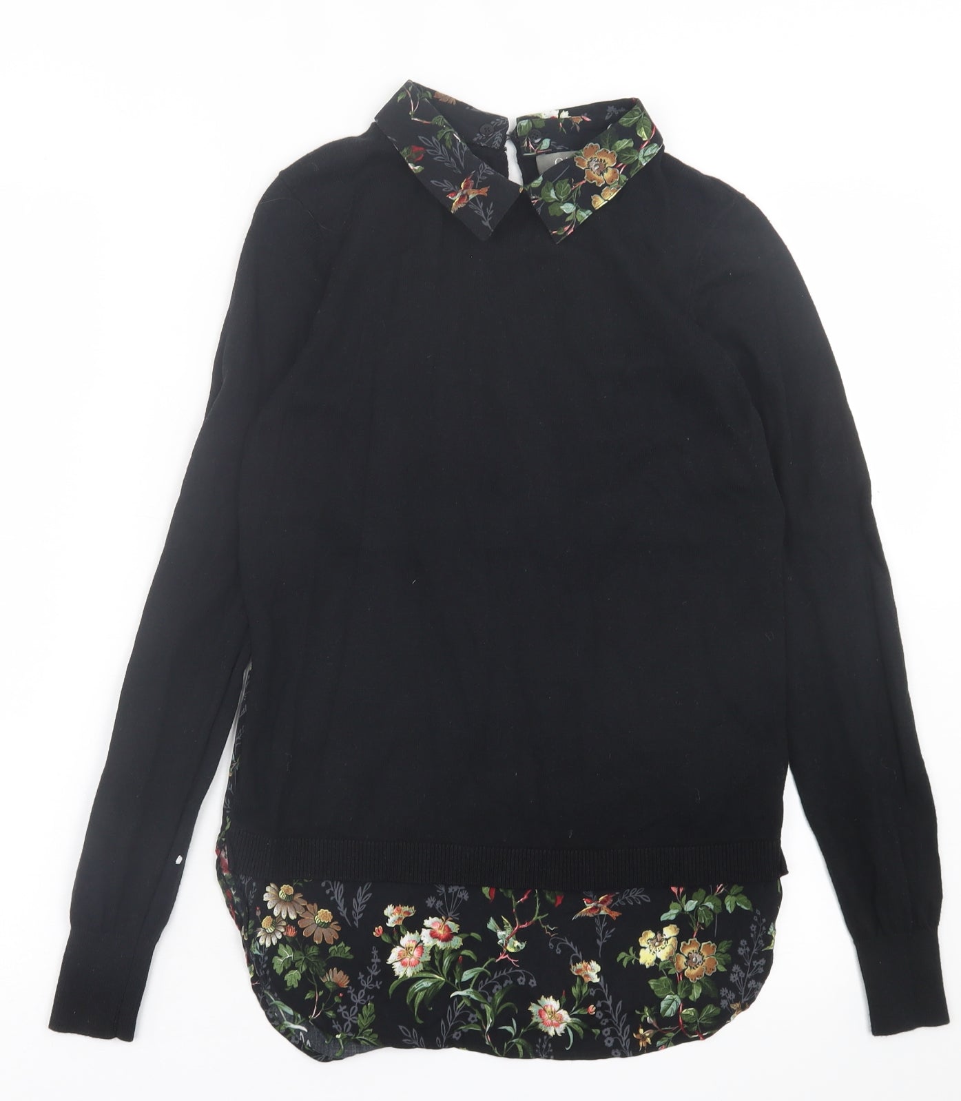 Oasis Womens Black Collared Floral Cotton Pullover Jumper Size XS