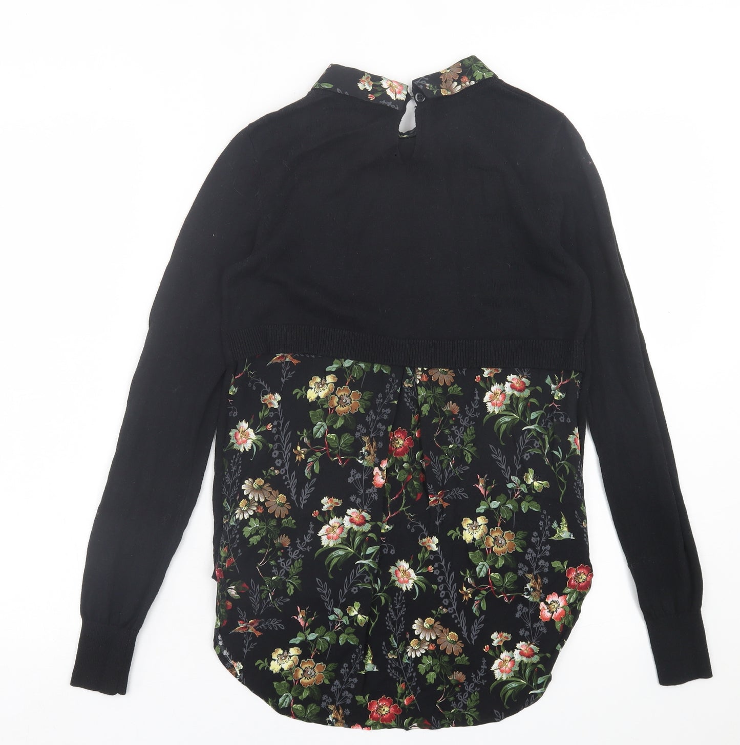 Oasis Womens Black Collared Floral Cotton Pullover Jumper Size XS