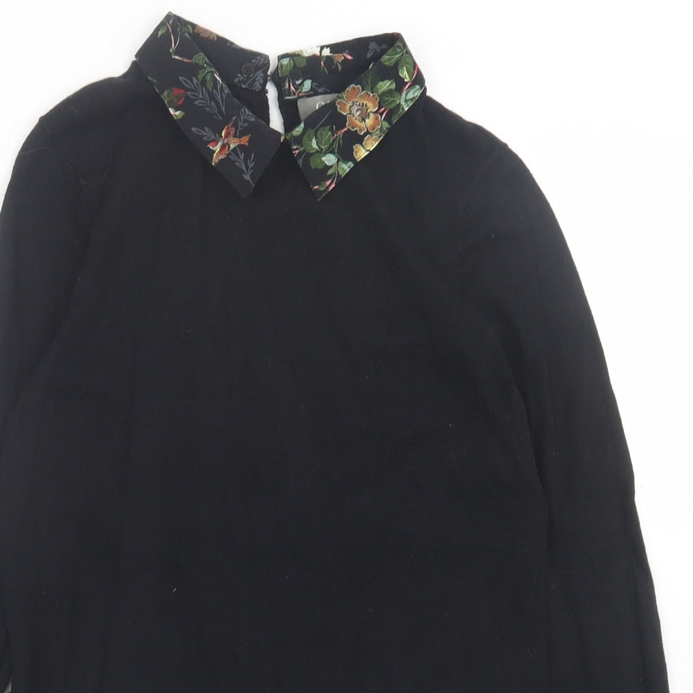 Oasis Womens Black Collared Floral Cotton Pullover Jumper Size XS