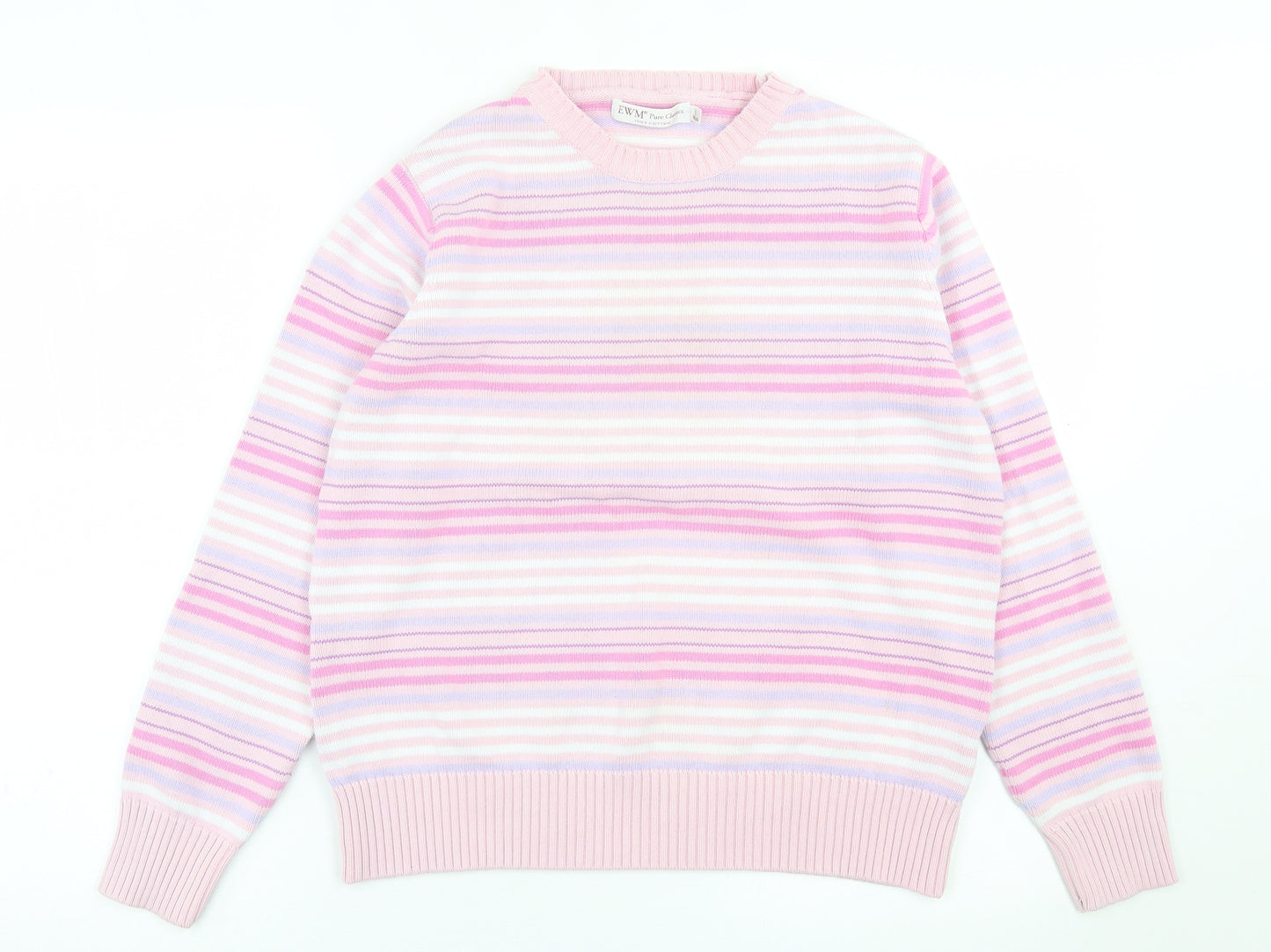 EWM Womens Pink Crew Neck Striped Cotton Pullover Jumper Size L