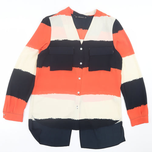 Zara Womens Orange Striped Polyester Basic Button-Up Size S V-Neck