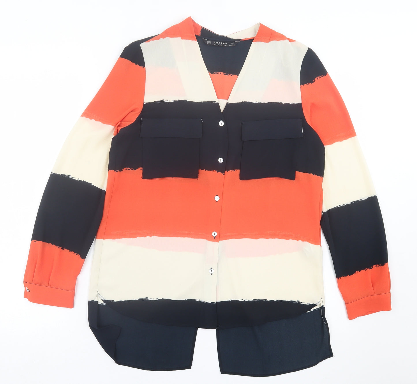 Zara Womens Orange Striped Polyester Basic Button-Up Size S V-Neck