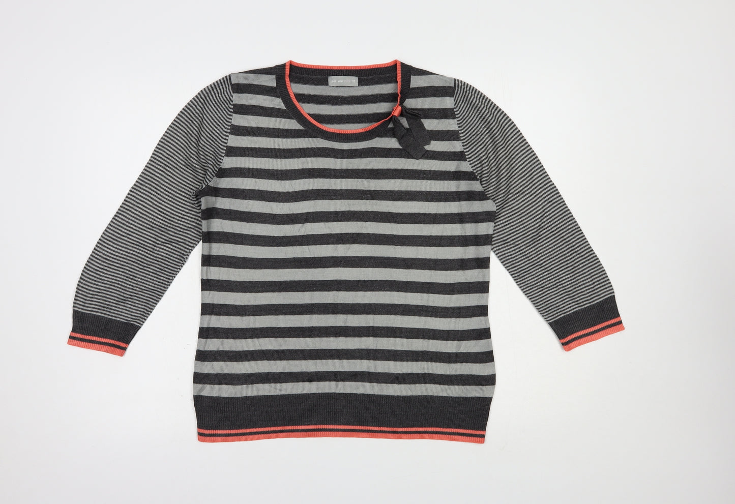 Per Una Womens Grey Scoop Neck Striped Acrylic Pullover Jumper Size 12
