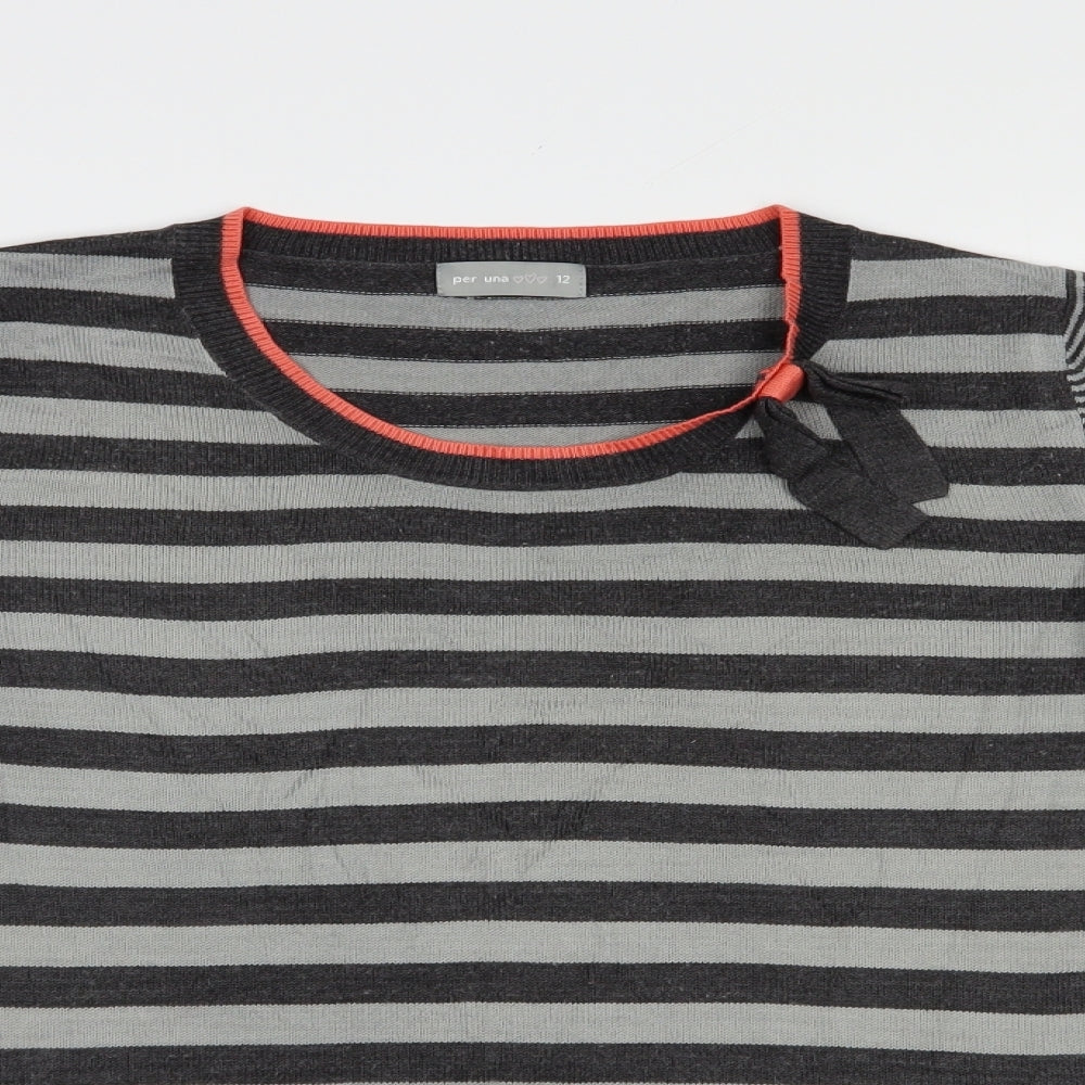 Per Una Womens Grey Scoop Neck Striped Acrylic Pullover Jumper Size 12