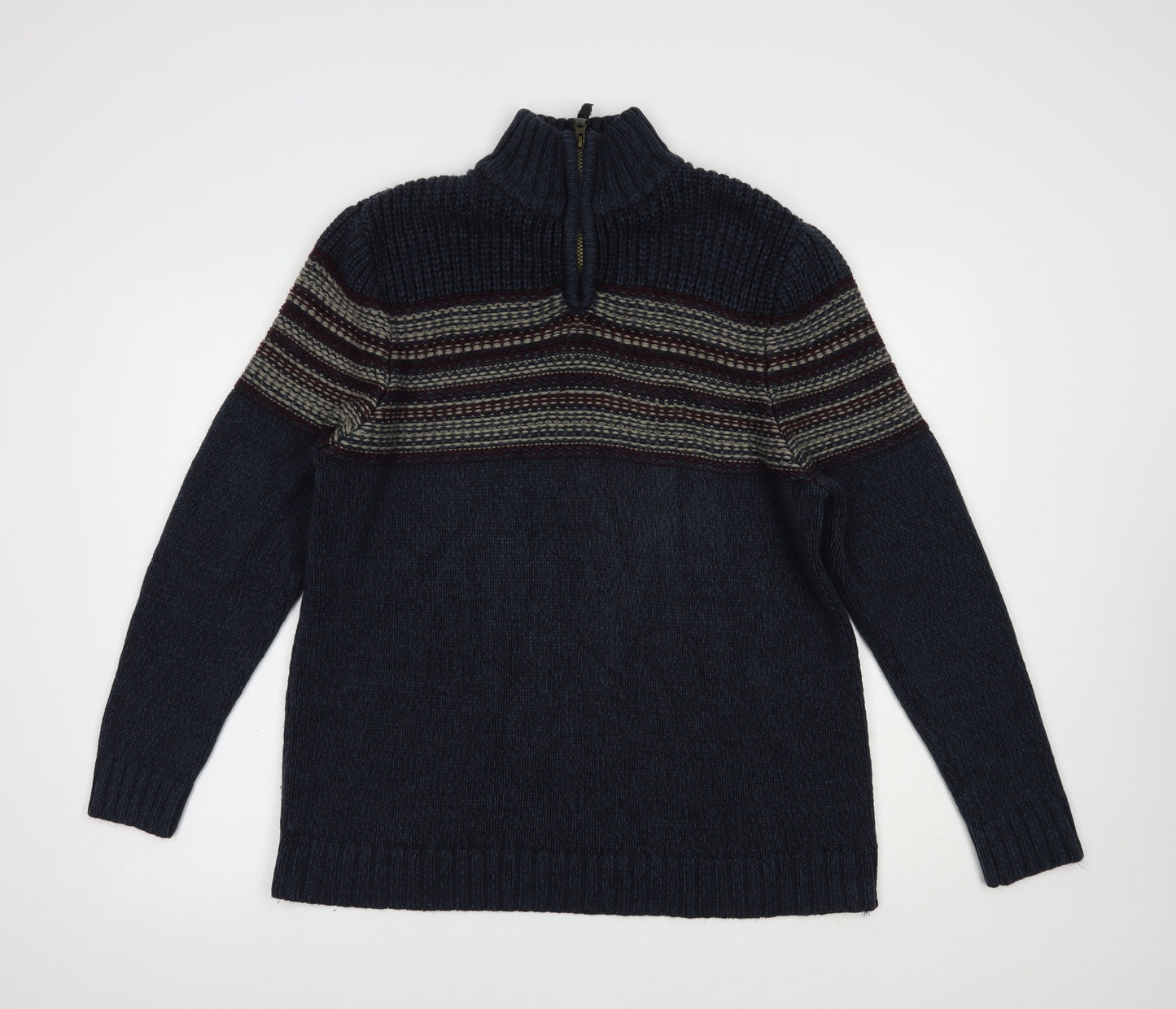 Boston Crew Mens Blue High Neck Striped Acrylic Pullover Jumper Size L