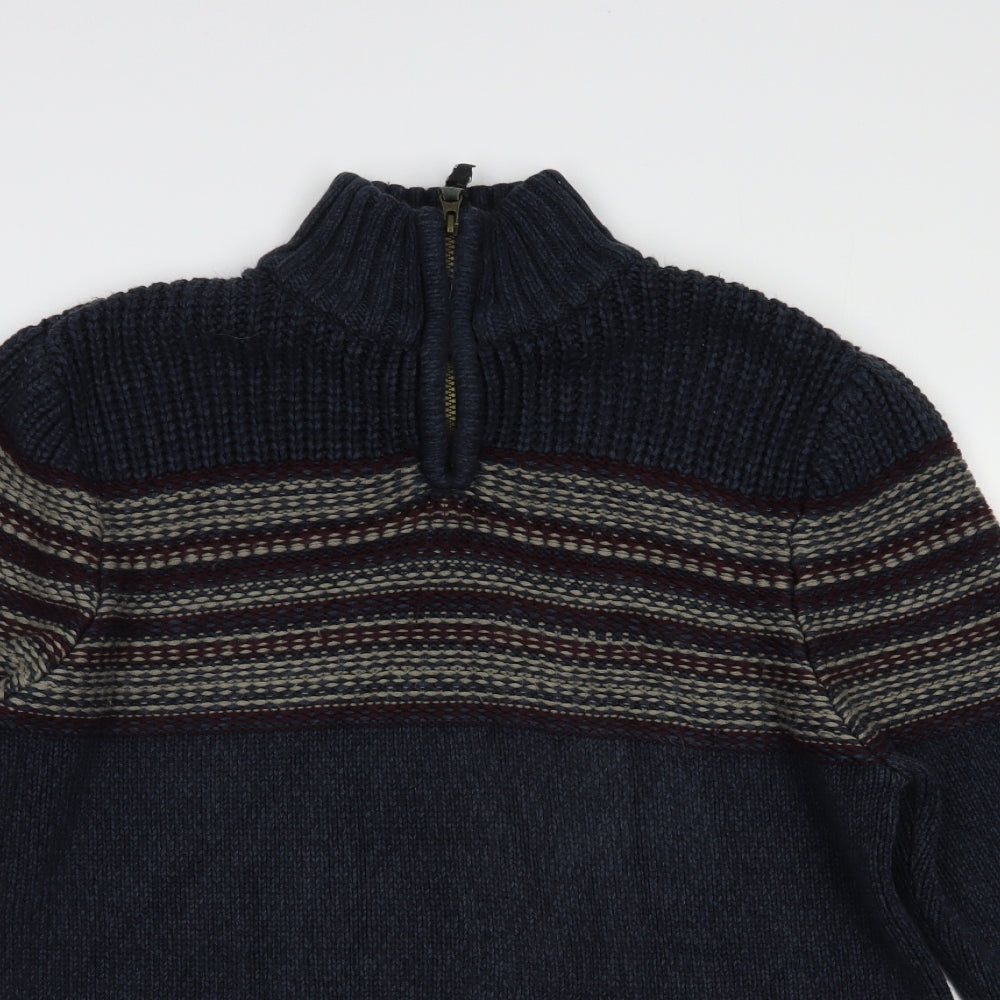Boston Crew Mens Blue High Neck Striped Acrylic Pullover Jumper Size L