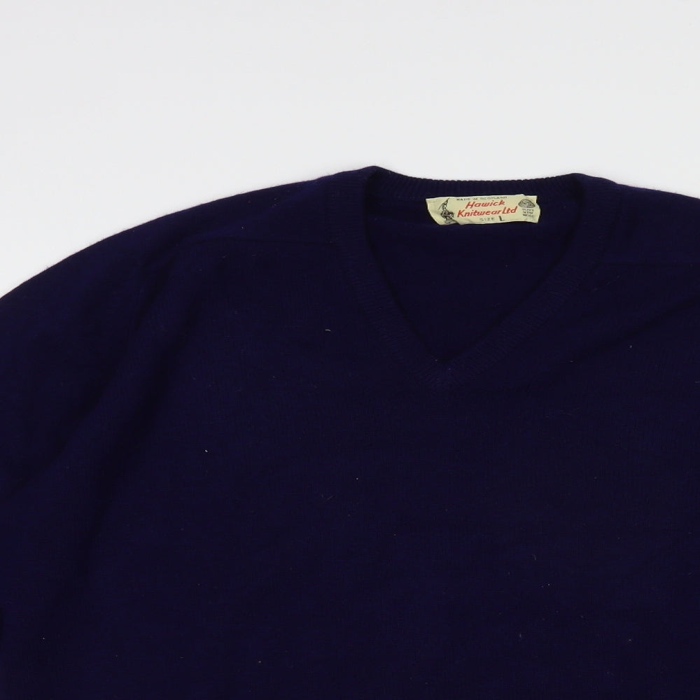 Hawick Knitwear Mens Blue V-Neck  Wool Pullover Jumper Size L