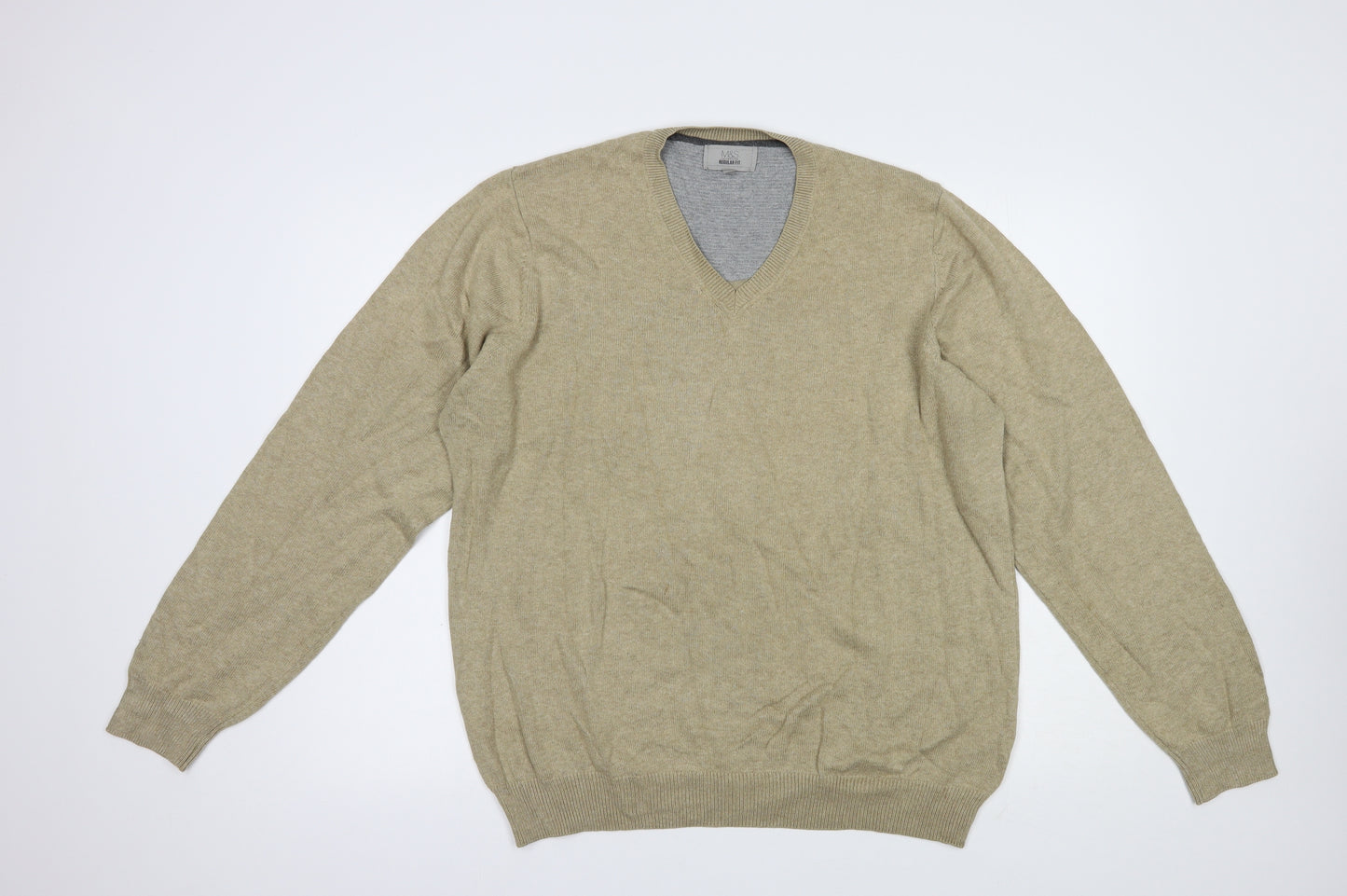 Marks and Spencer Mens Beige V-Neck  Cotton Pullover Jumper Size L