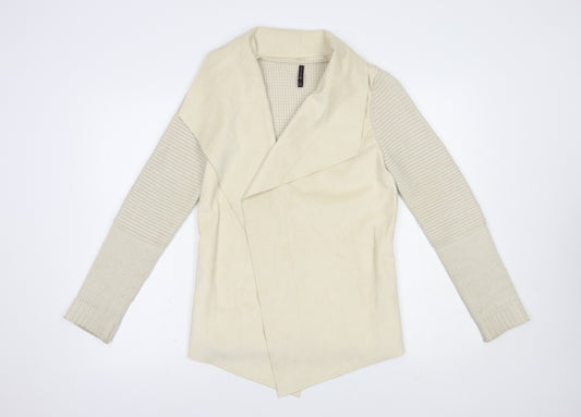 Front view of Stradivarius women’s beige collared polyester cardigan jumper, size M
